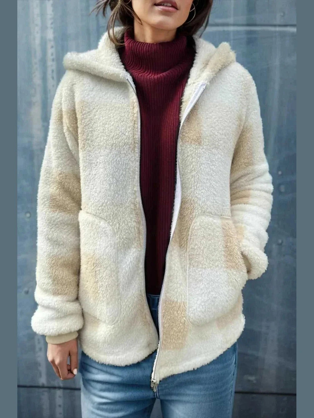Double Take Full Size Plaid Long Sleeve Hooded Coat -- 