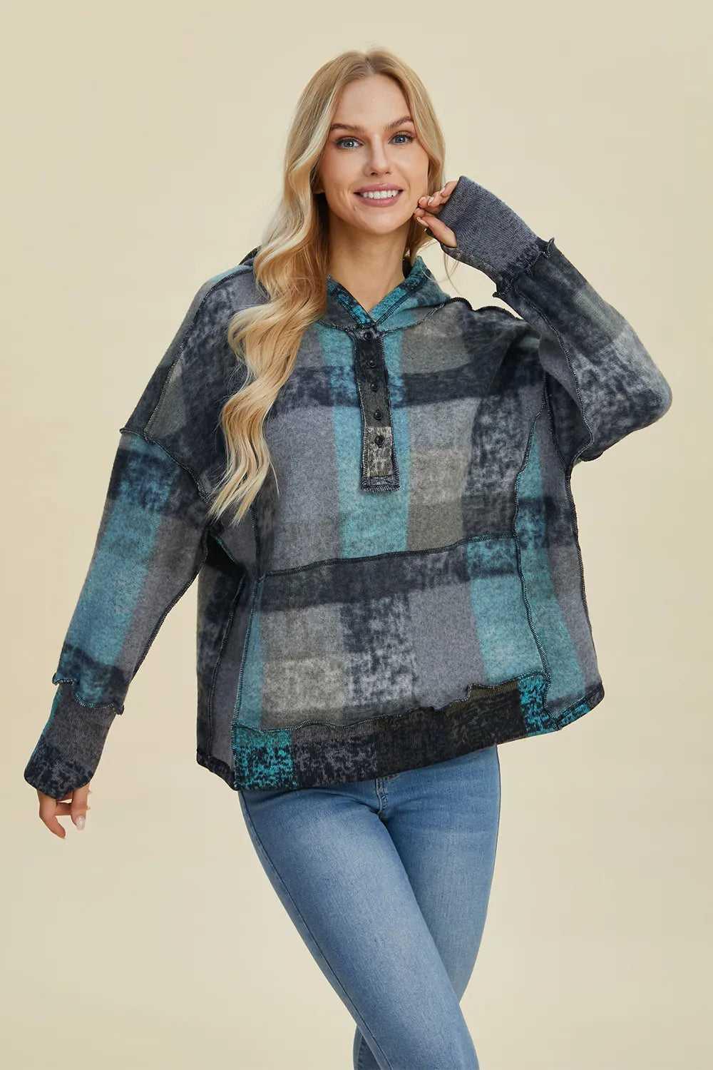Double Take Full Size Plaid Dropped Shoulder Fleece Hoodie -- 