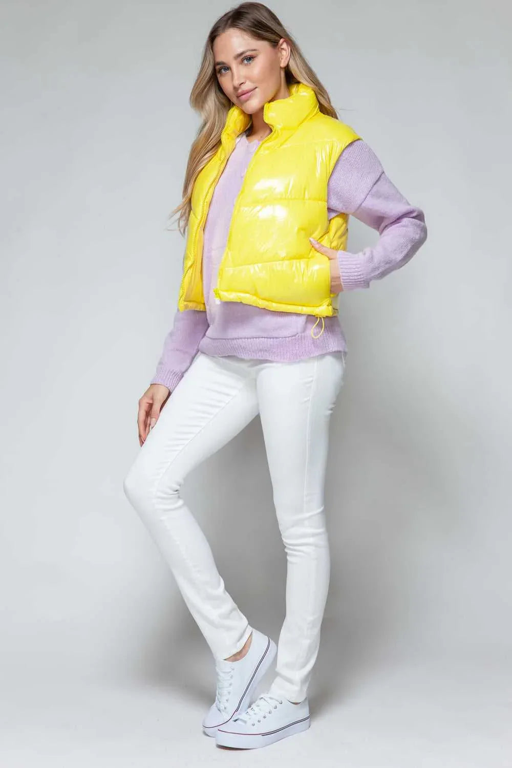 Snobbish Zip Up Turtleneck Shiny Quilted Vest -- 