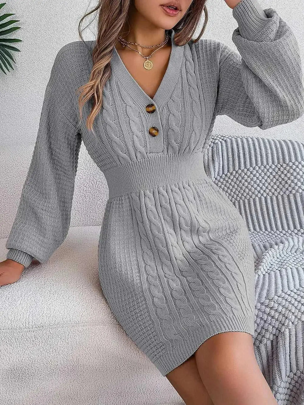 Buttoned Cable-Knit V-Neck Sweater Dress -- 