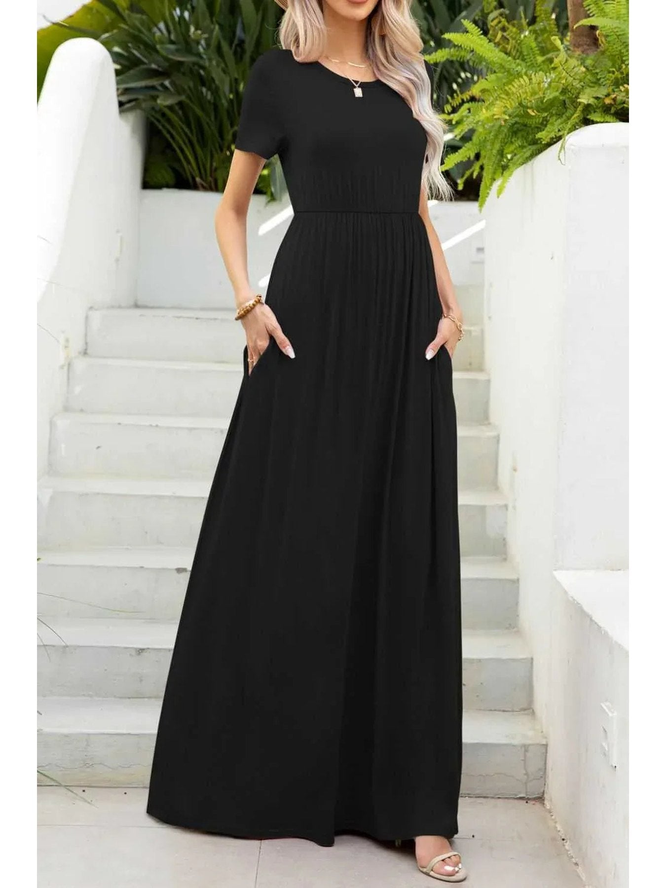 Round Neck Maxi Tee Dress with Pockets -- 