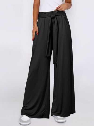 Tied Wide Leg Pants with Pockets -- 
