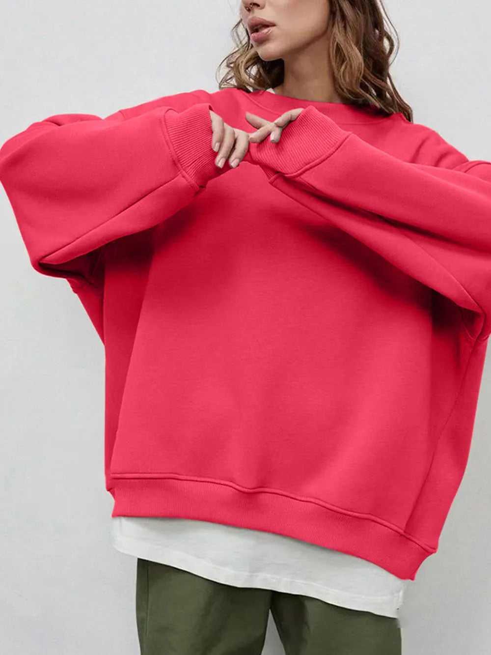 Round Neck Dropped Shoulder Long Sleeve Sweatshirt -- 