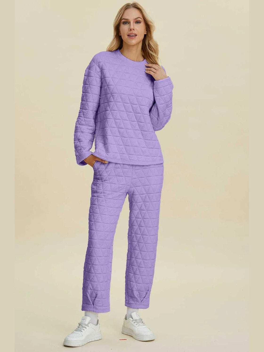 Double Take Full Size Texture Round Neck Long Sleeve Top and Pants Set -- 
