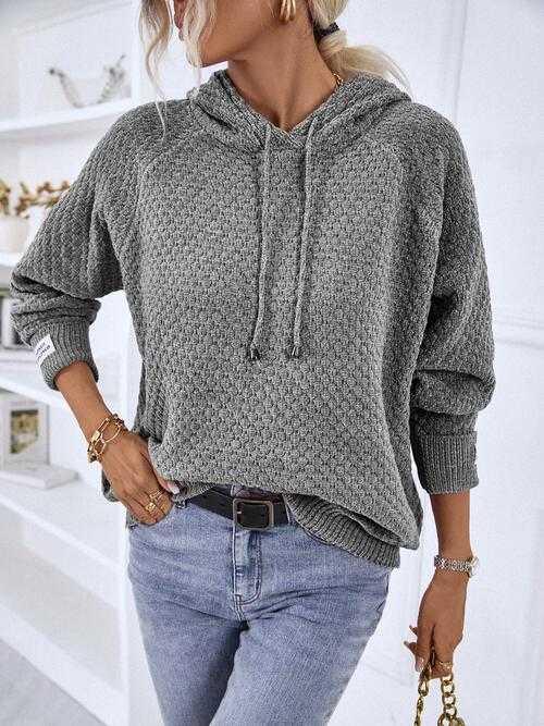 Texture Drawstring Long Sleeve Hooded Sweater -- 