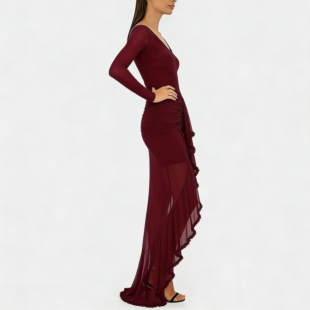 Women's Fashion V-neck Sheer Ruffle Skirt Dress