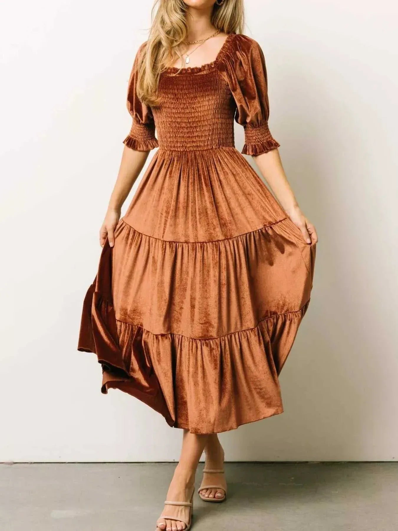 Velvet Smocked Tiered Midi Dress -- 