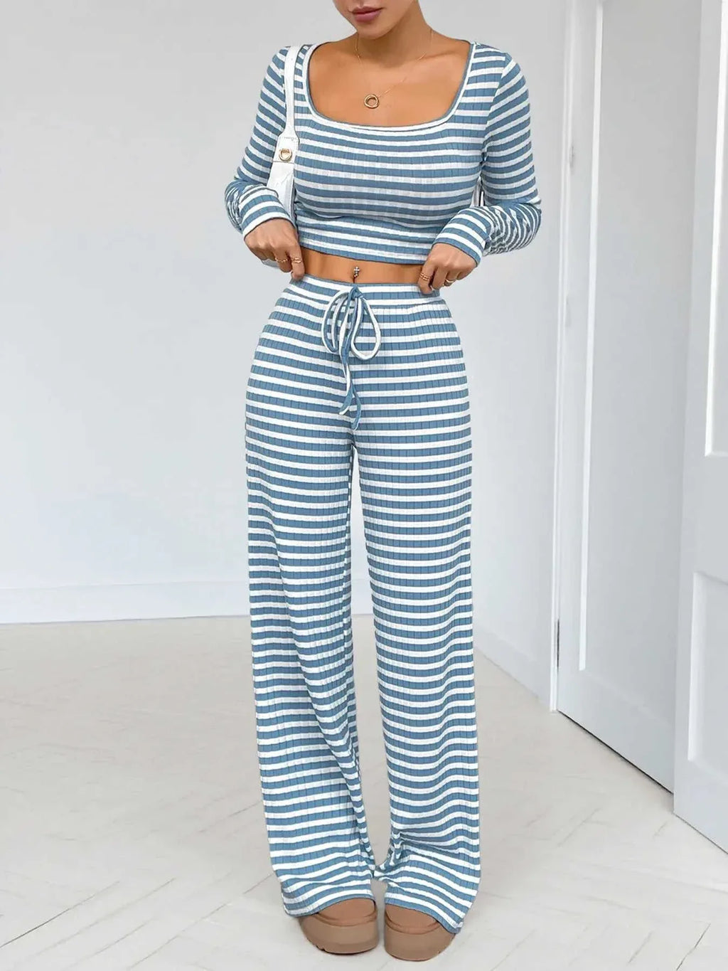 Striped Square Neck Long Sleeve Top and Pants Lounge Set -- 