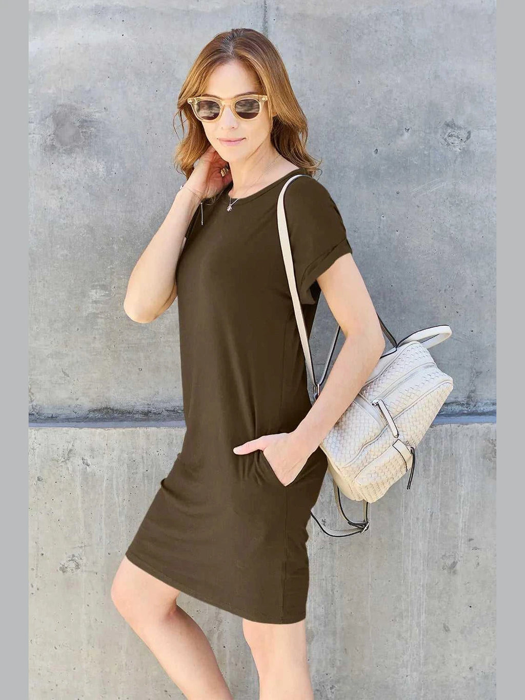Basic Bae Full Size Round Neck Short Sleeve Dress with Pockets -- 