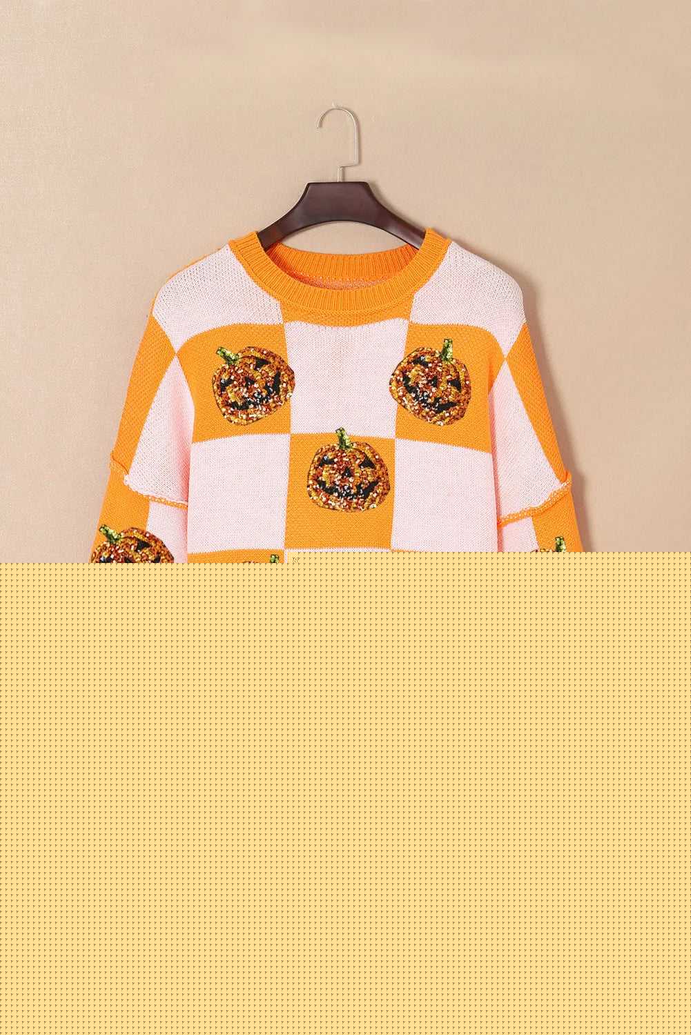 Pumpkin Checkered Round Neck Long Sleeve Sweater -- 