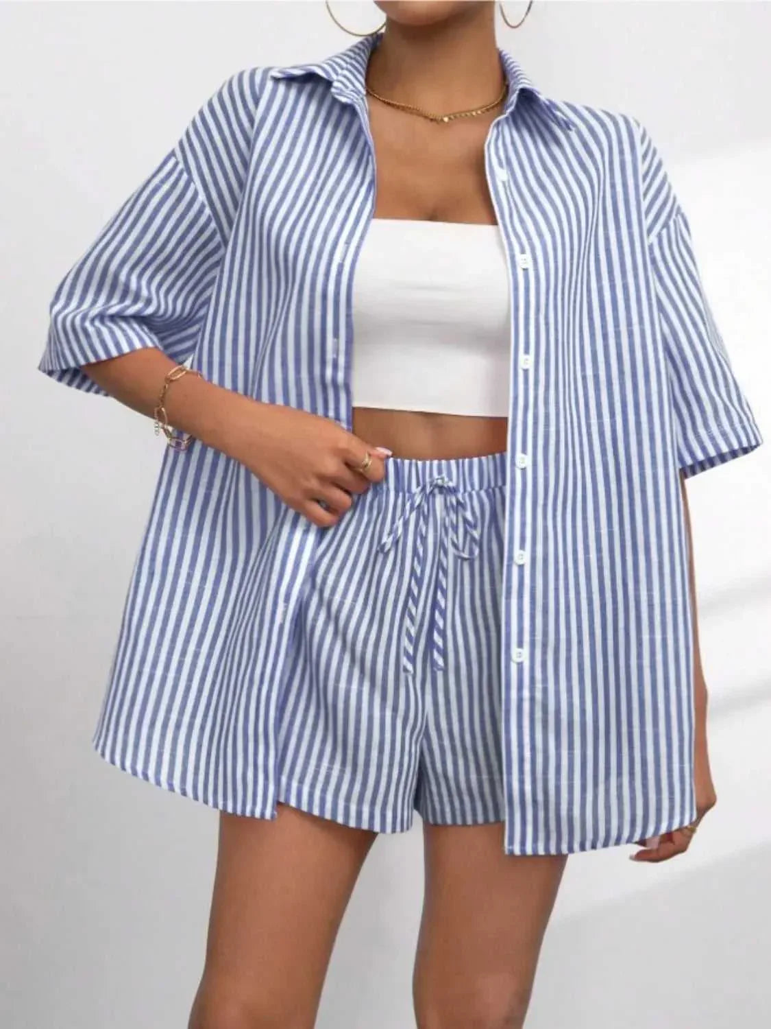 Striped Button Up Shirt and Shorts Set -- 