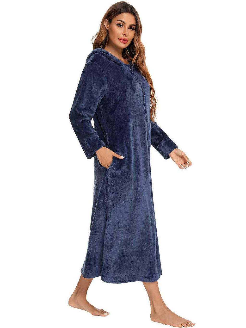 Zip Front Hooded Night Dress with Pockets -- 