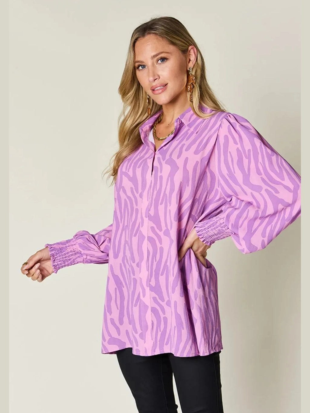 Double Take Full Size Printed Smocked Long Sleeve Blouse Plus Size -- 
