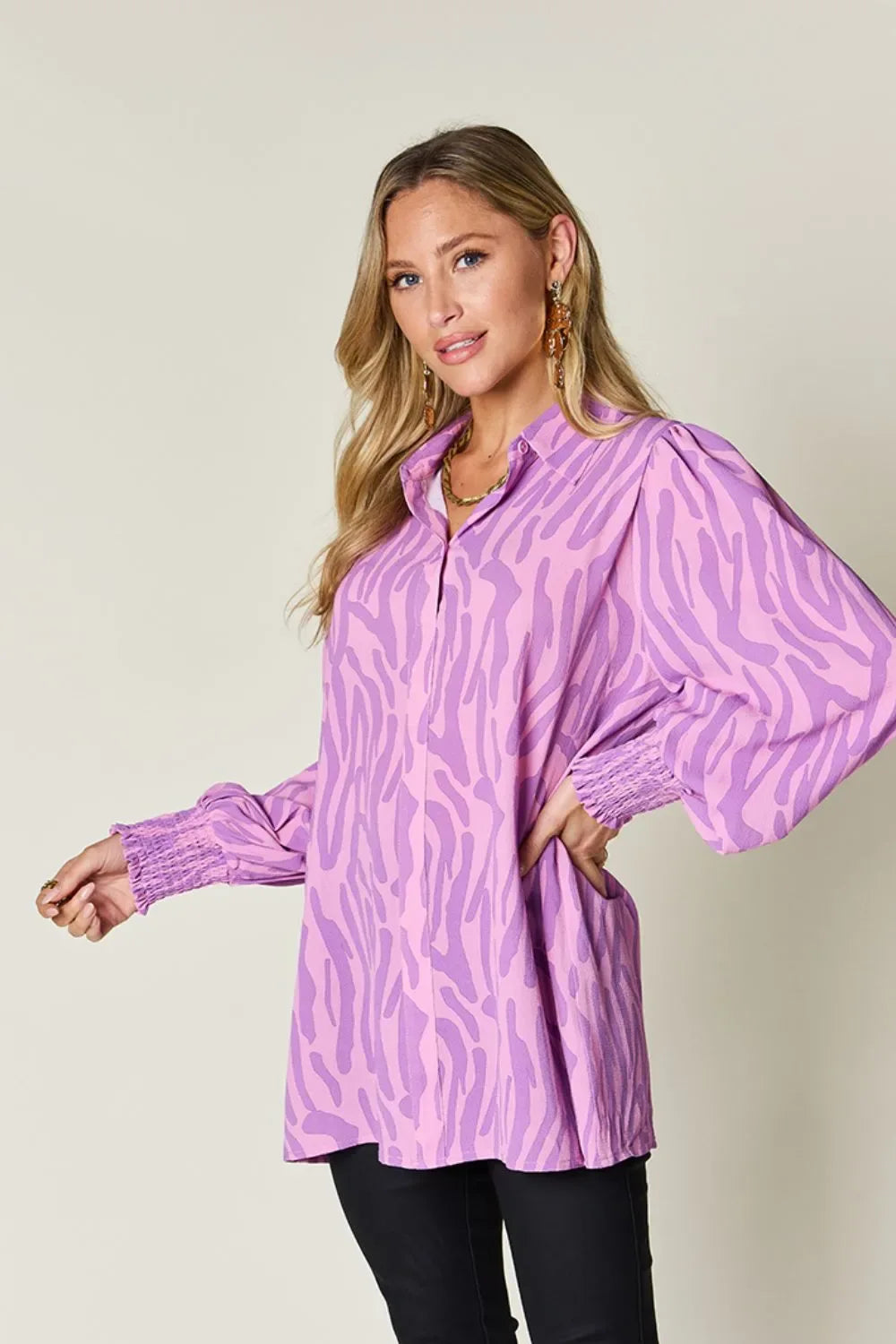 Double Take Full Size Printed Smocked Long Sleeve Blouse Plus Size -- 