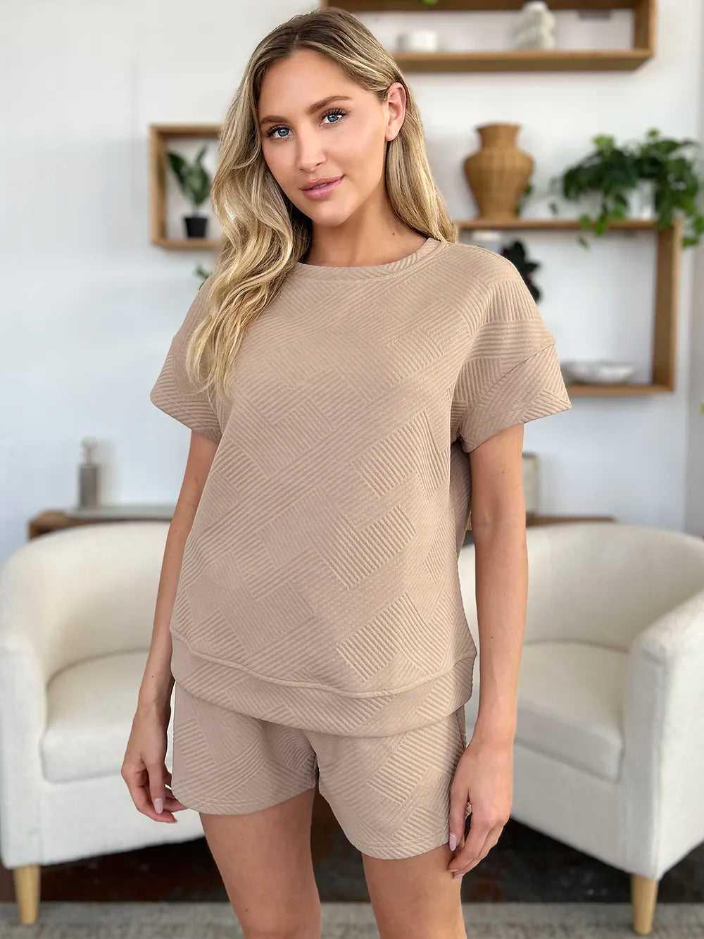 Double Take Full Size Texture Short Sleeve T-Shirt and Drawstring Shorts Set -- 