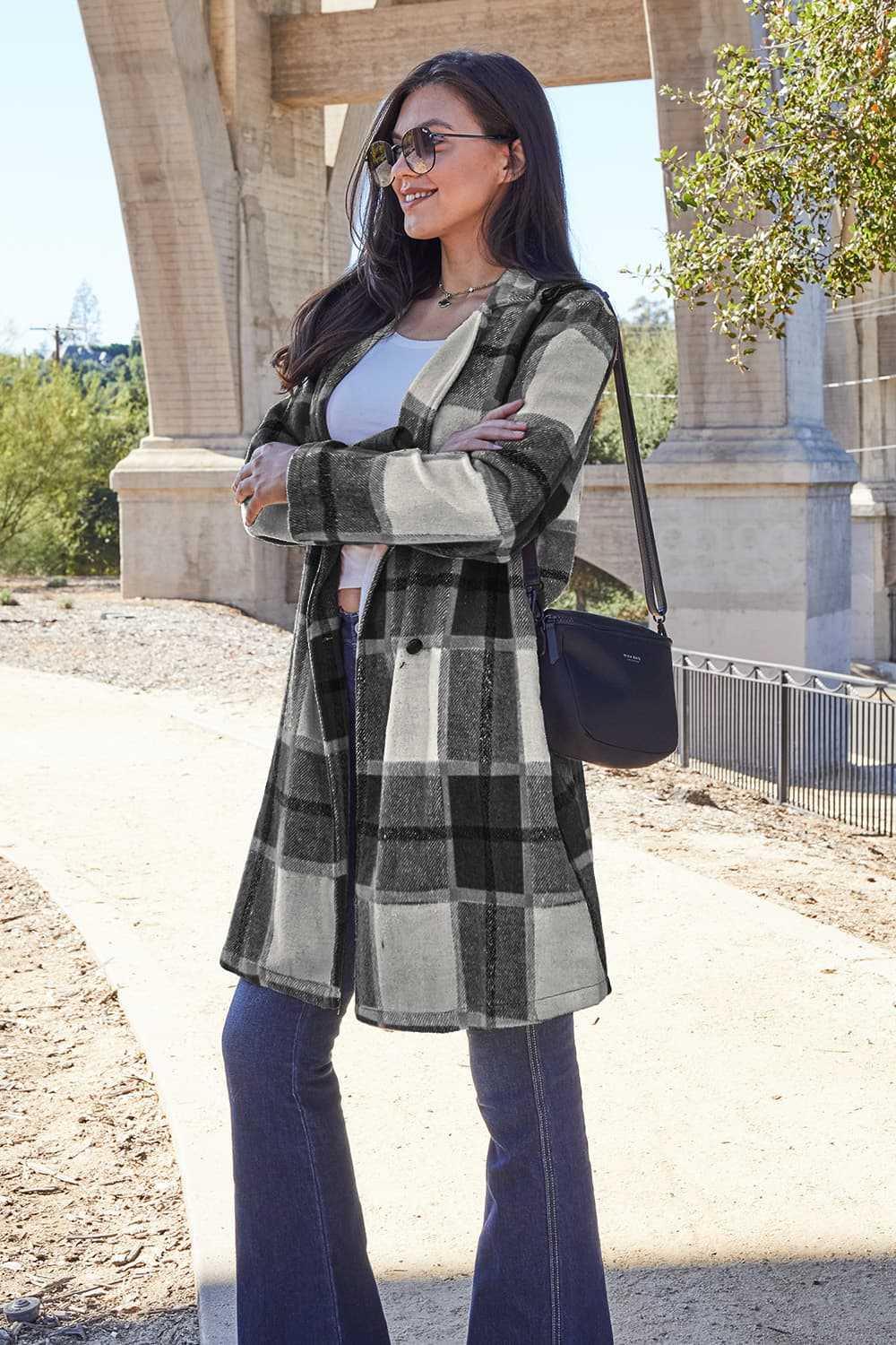 Double Take Full Size Plaid Button Up Lapel Collar Coat -- 
