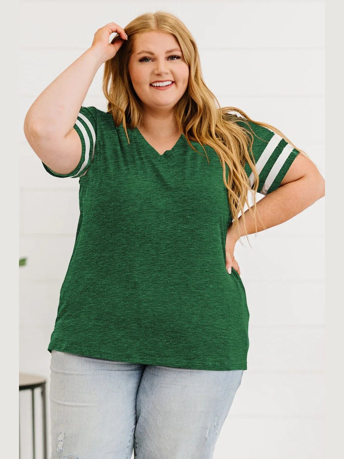 Plus Size Striped V-Neck Tee Shirt -- 