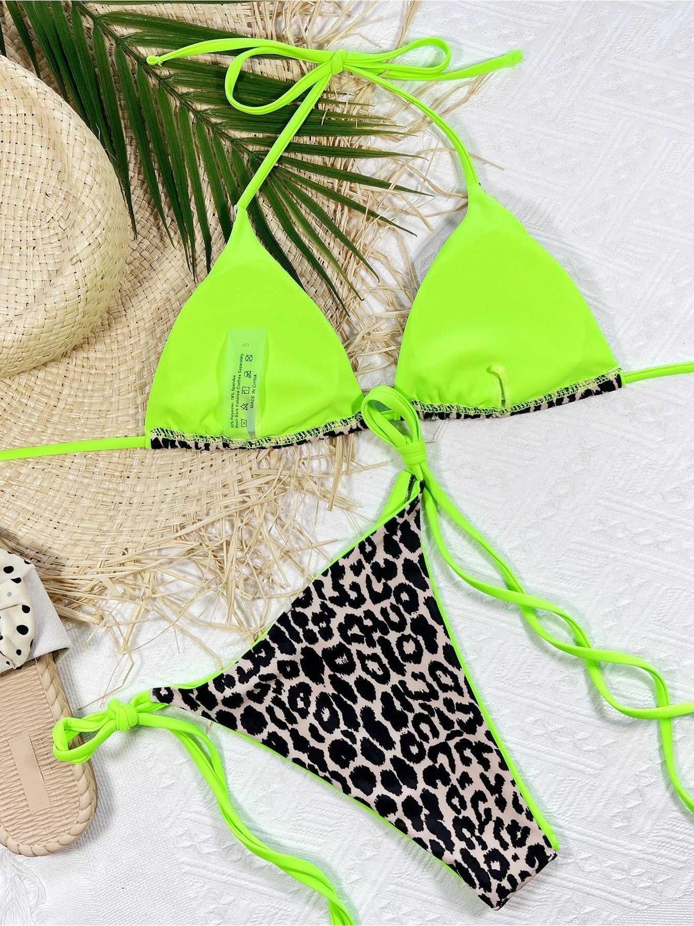 Leopard Print Halter Neck Tie Side Bikini Set -- 