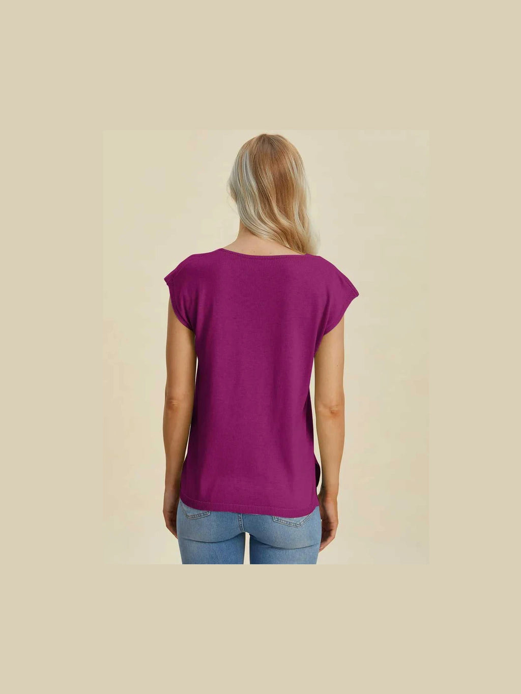Double Take Full Size Notched Cap Sleeve Knit Top -- 