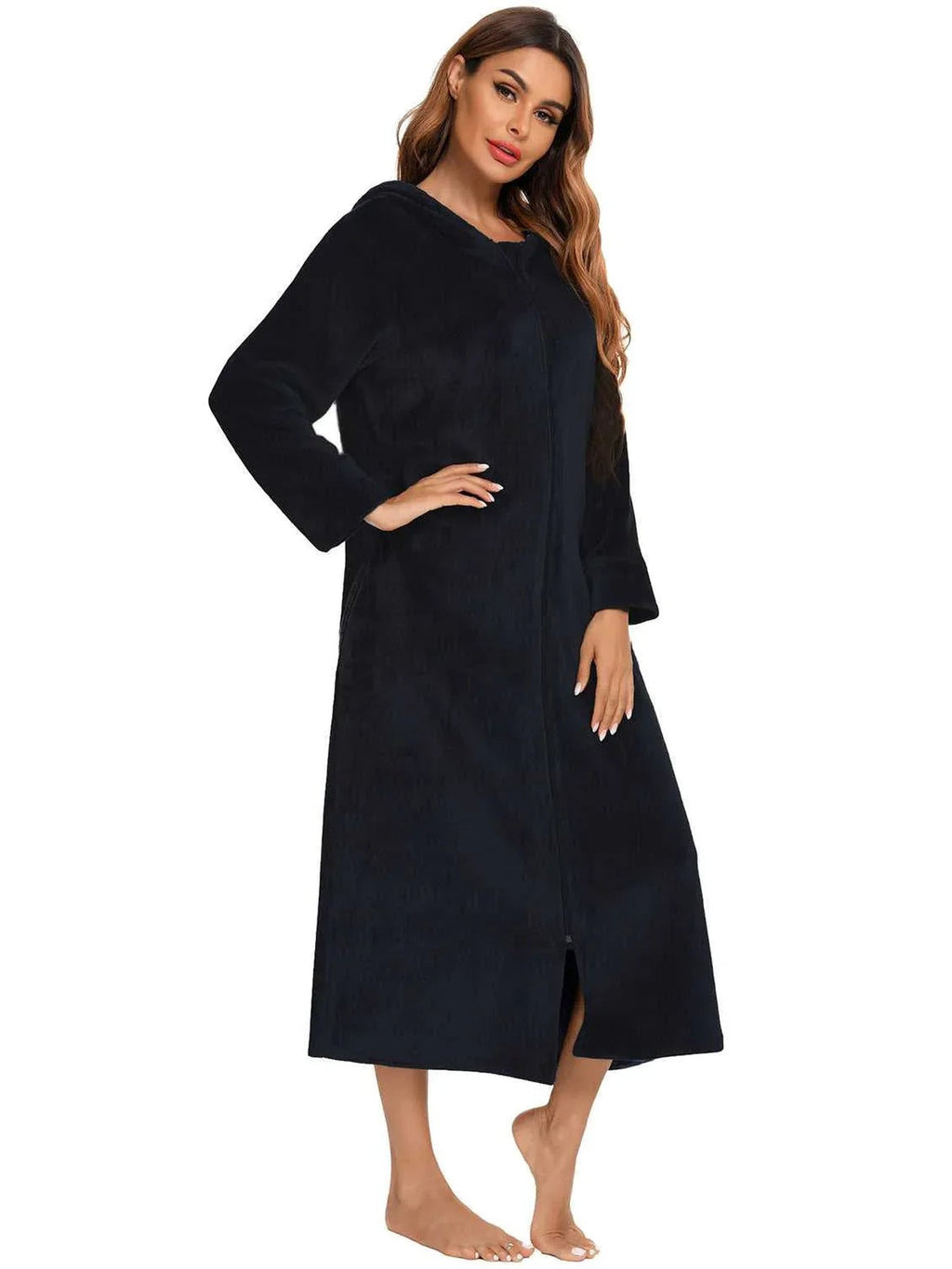 Zip Front Hooded Night Dress with Pockets -- 
