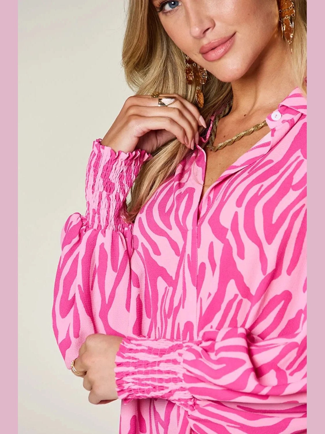 Double Take Full Size Printed Smocked Long Sleeve Blouse Plus Size -- 