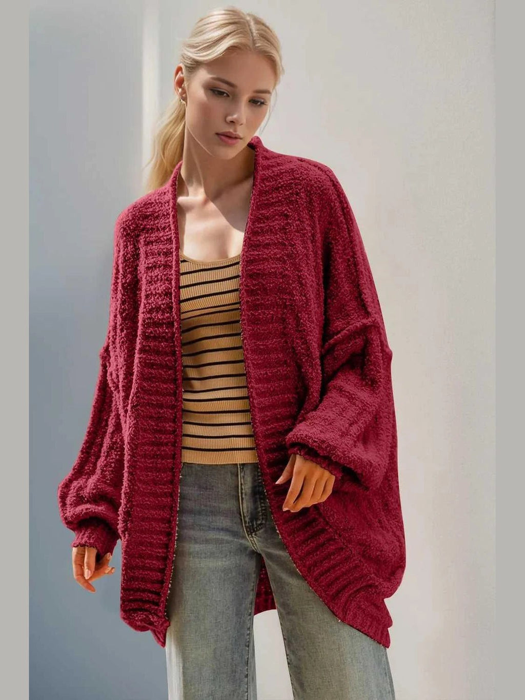 Double Take Full Size Open Front Long Sleeve Cardigan -- 