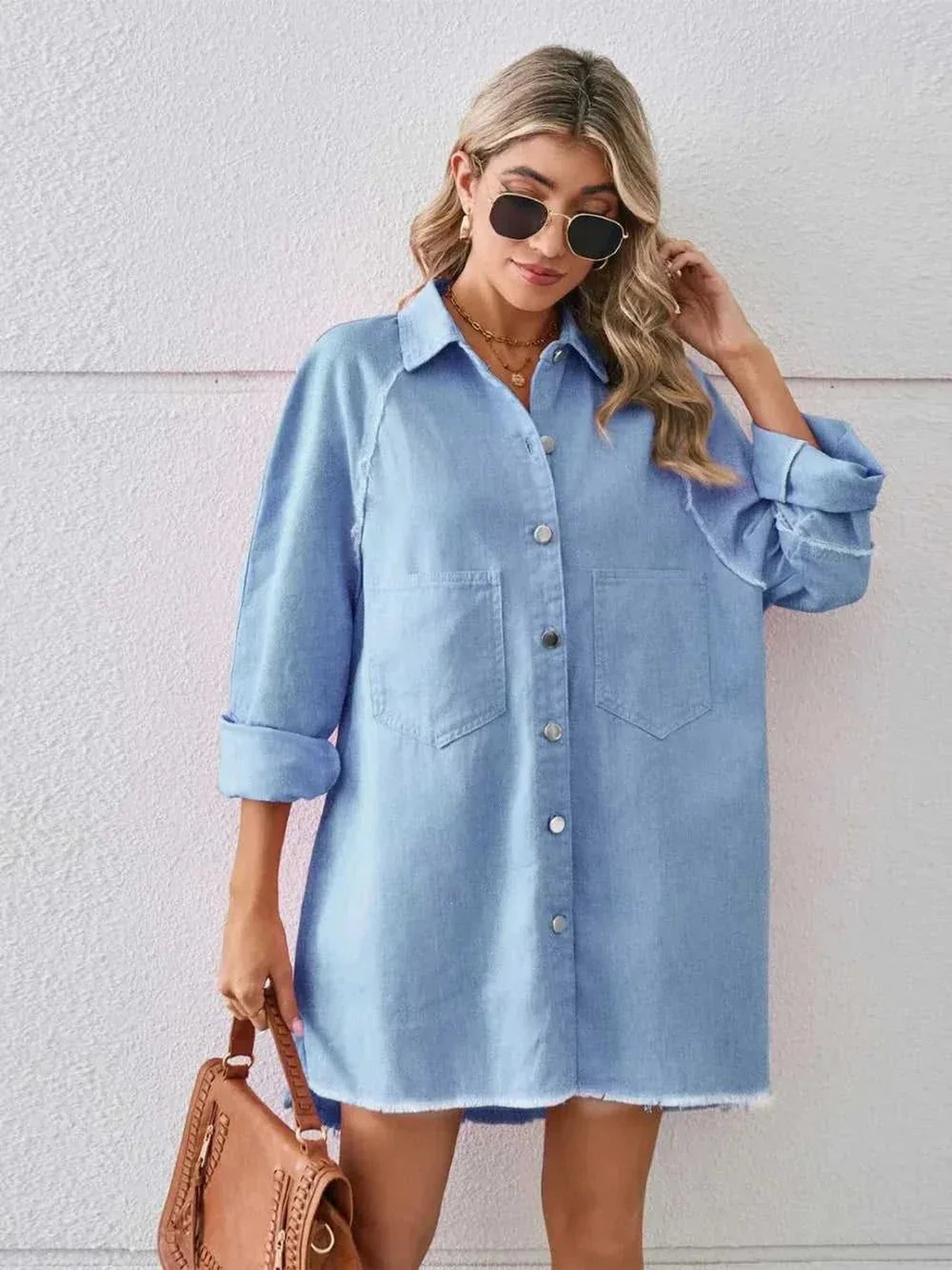 Raw Hem Button Up Denim Dress -- 