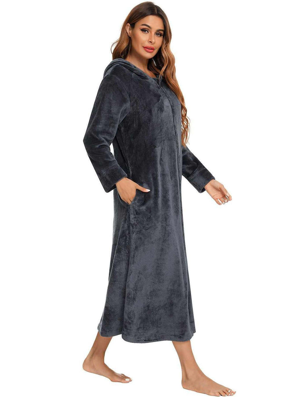 Zip Front Hooded Night Dress with Pockets -- 