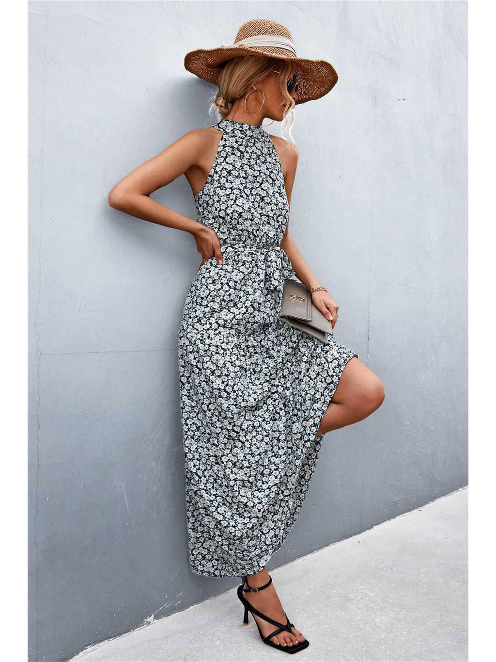 Printed Sleeveless Tie Waist Maxi Dress -- 