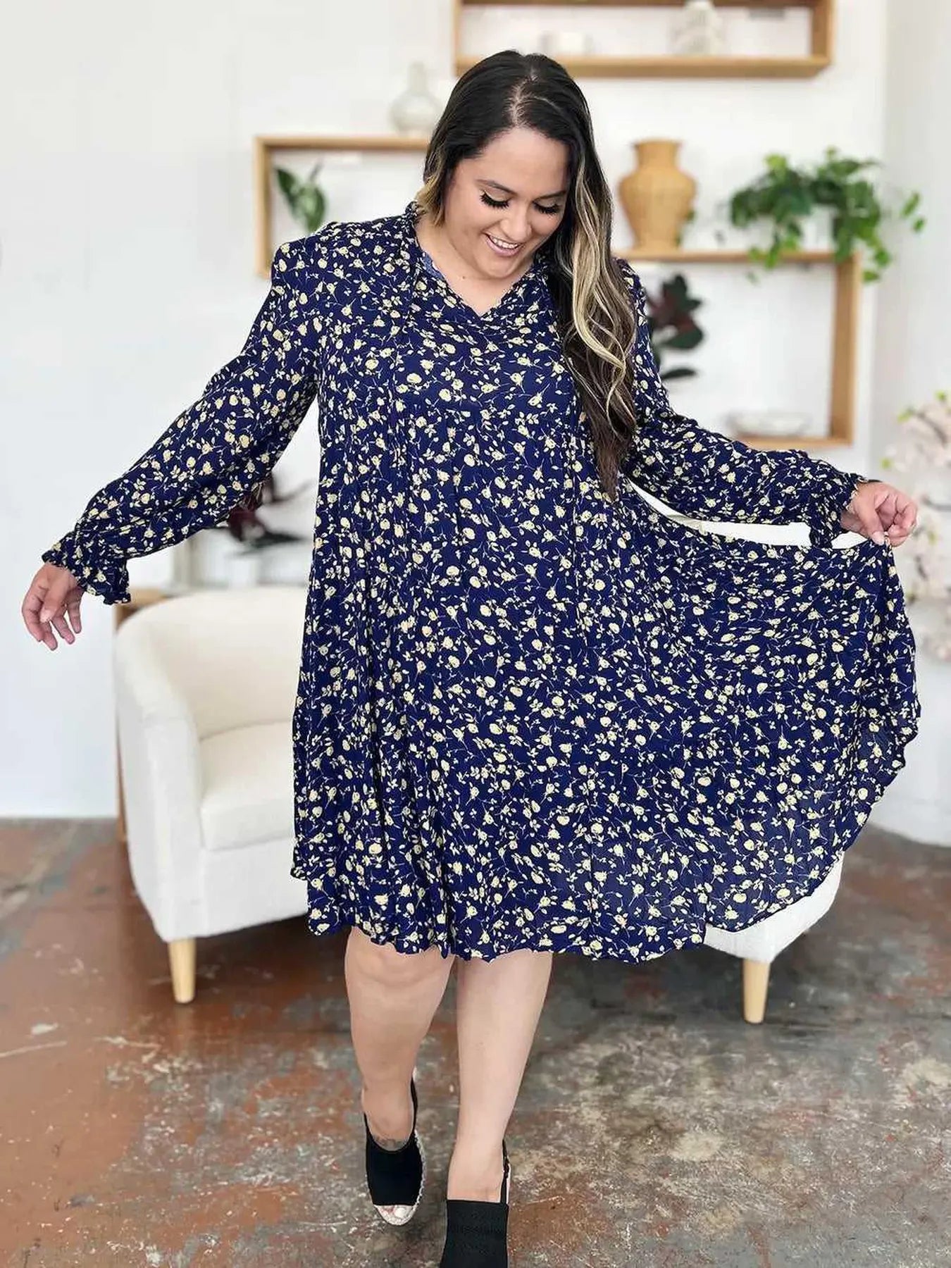 Double Take Full Size Printed Ruffle Hem Long Sleeve Tiered Dress -- 