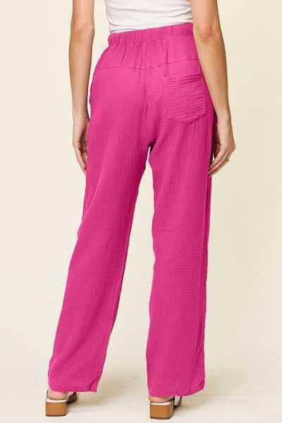 Double Take Full Size Texture Drawstring Straight Pants -- 