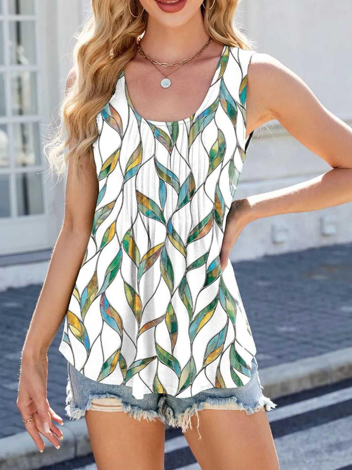 Printed Scoop Neck Wide Strap Tank -- 