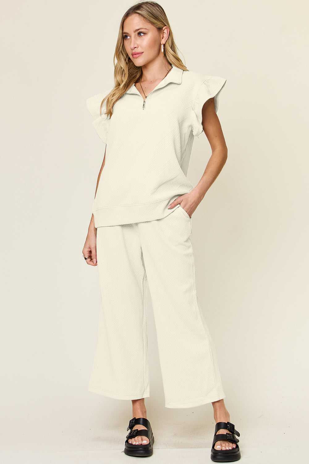 Ruffle Short Sleeve Top and Drawstring Wide Leg Pants Set