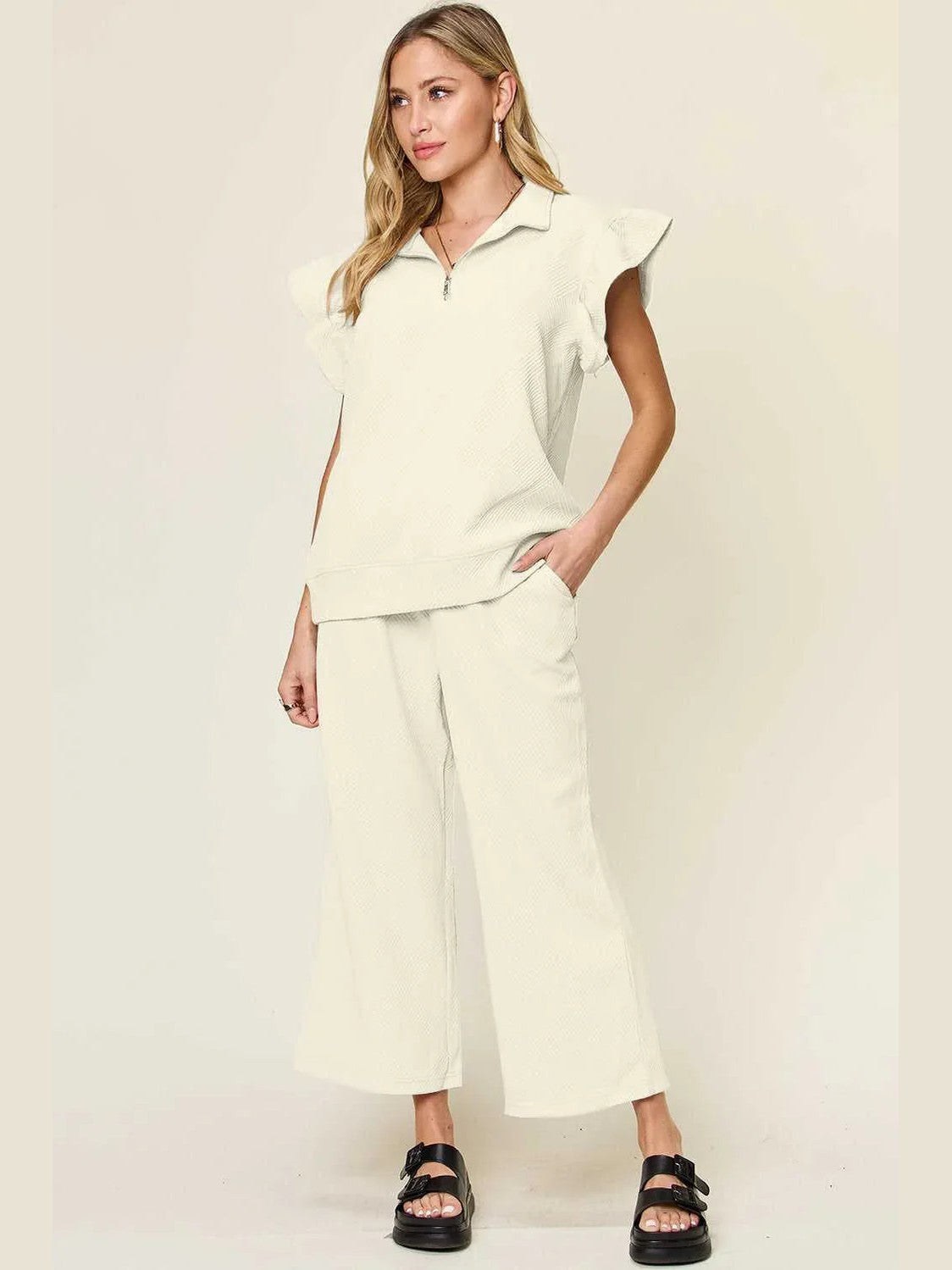 Ruffle Short Sleeve Top and Drawstring Wide Leg Pants Set -- 