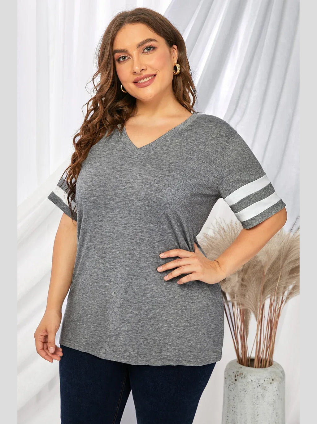 Plus Size Striped V-Neck Tee Shirt -- 