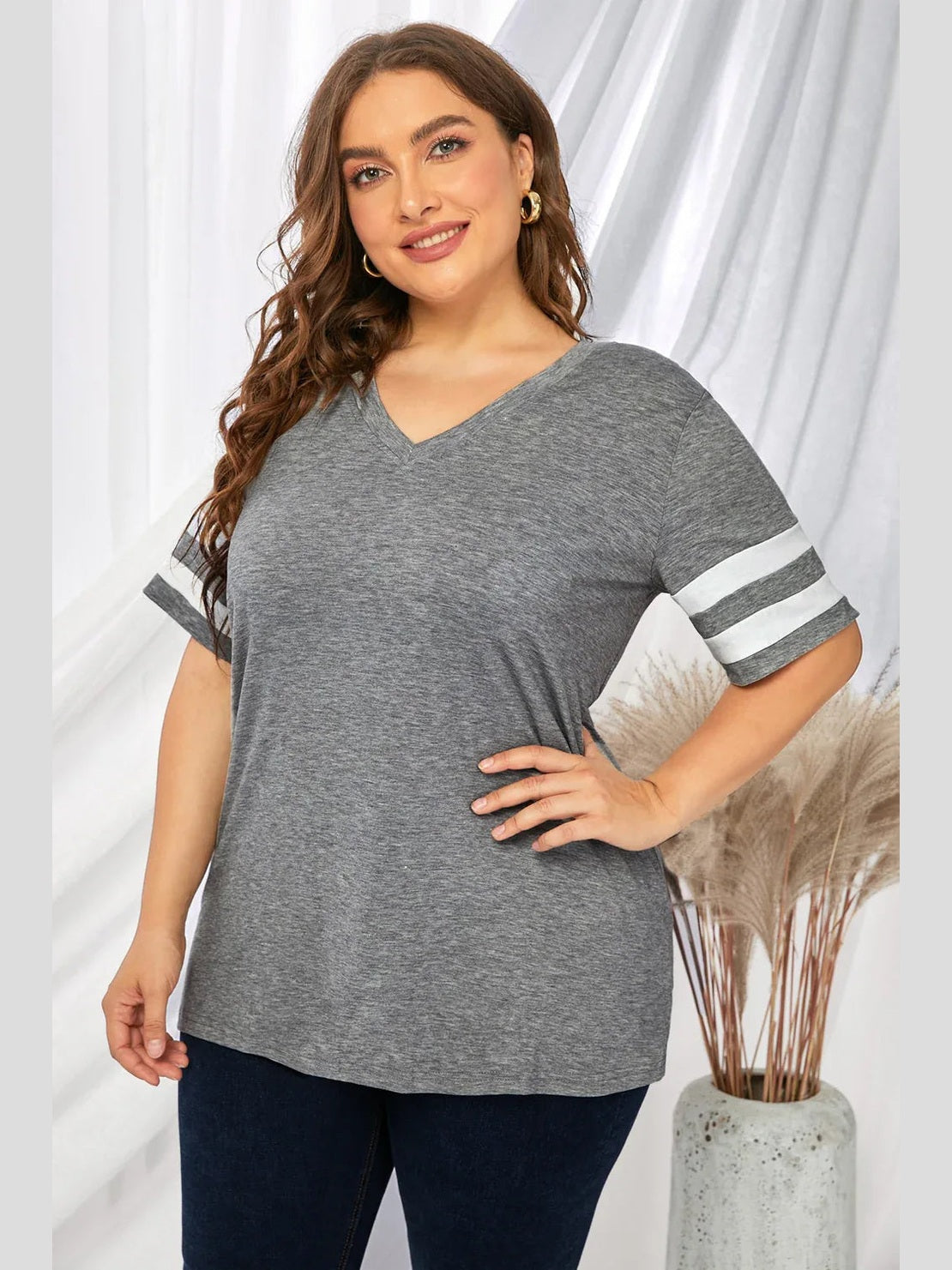Plus Size Striped V-Neck Tee Shirt -- 