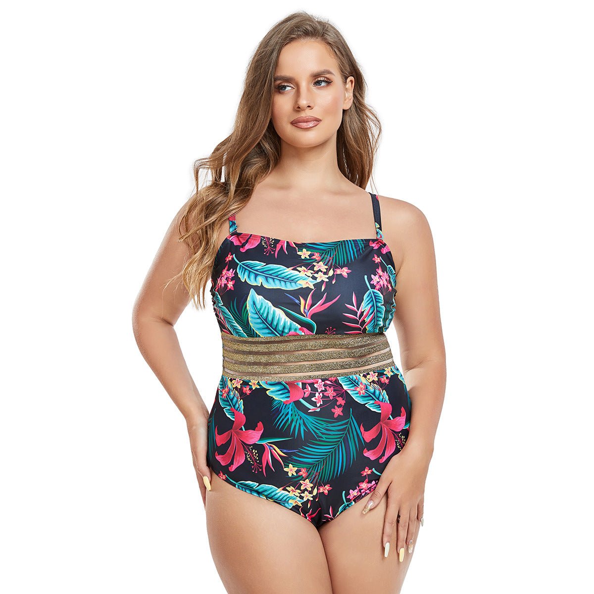 Plus Size Tropical Print One-Piece Swimsuit – High Waist Style