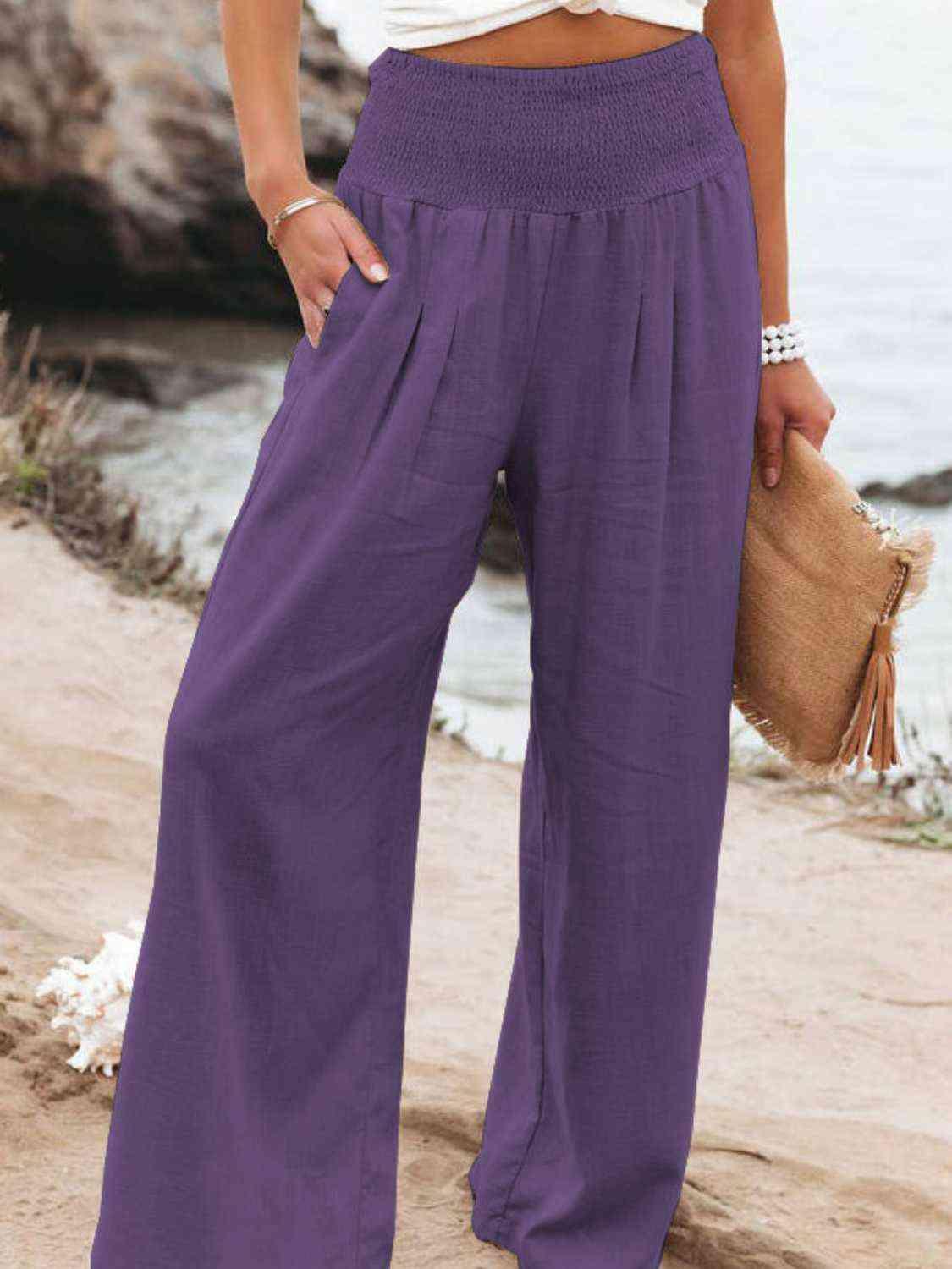 Full Size Smocked Waist Wide Leg Pants -- 