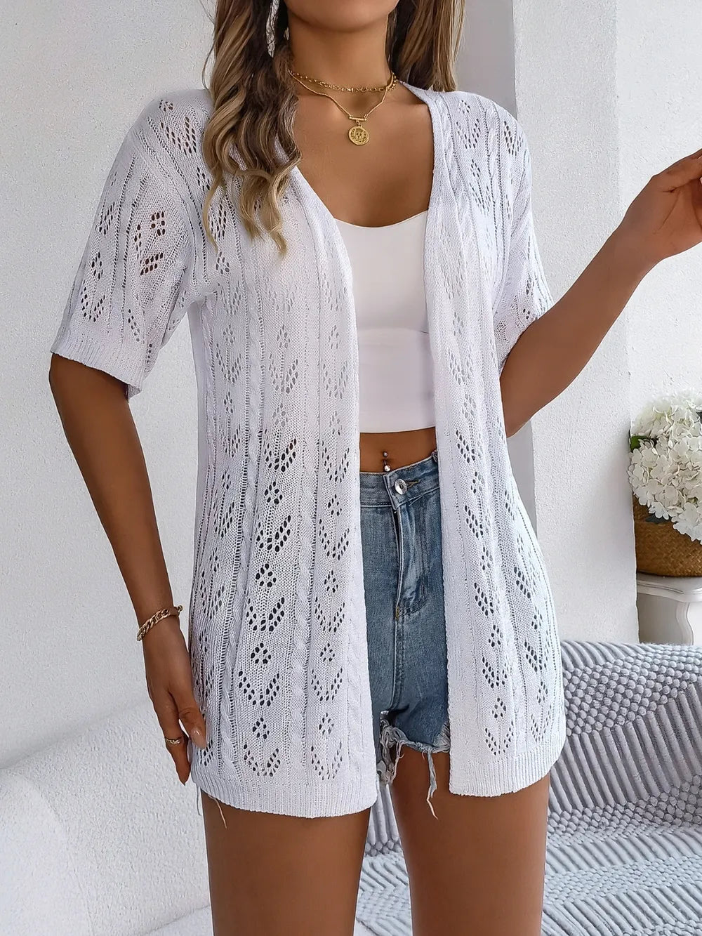 Openwork Open Front Half Sleeve Cardigan – Tan, White & Pink
