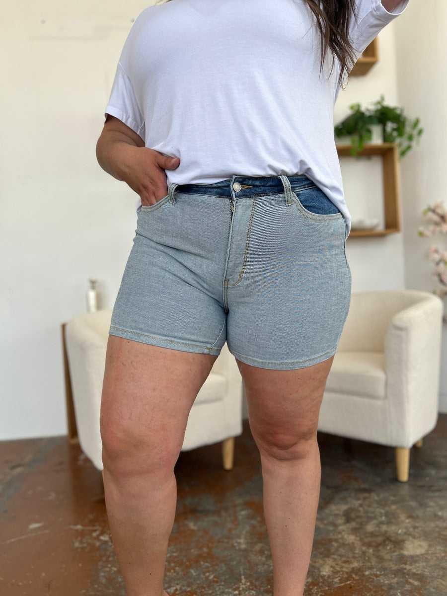 Judy Blue Full Size Color Block Denim Shorts -- 