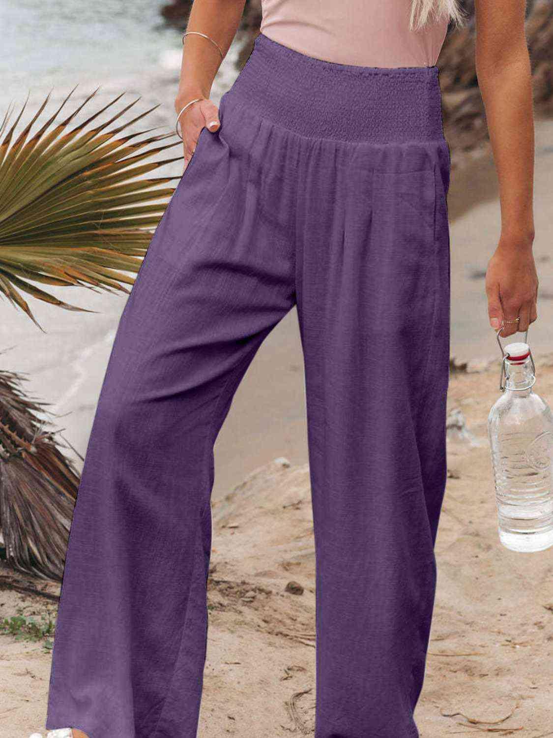 Full Size Smocked Waist Wide Leg Pants -- 