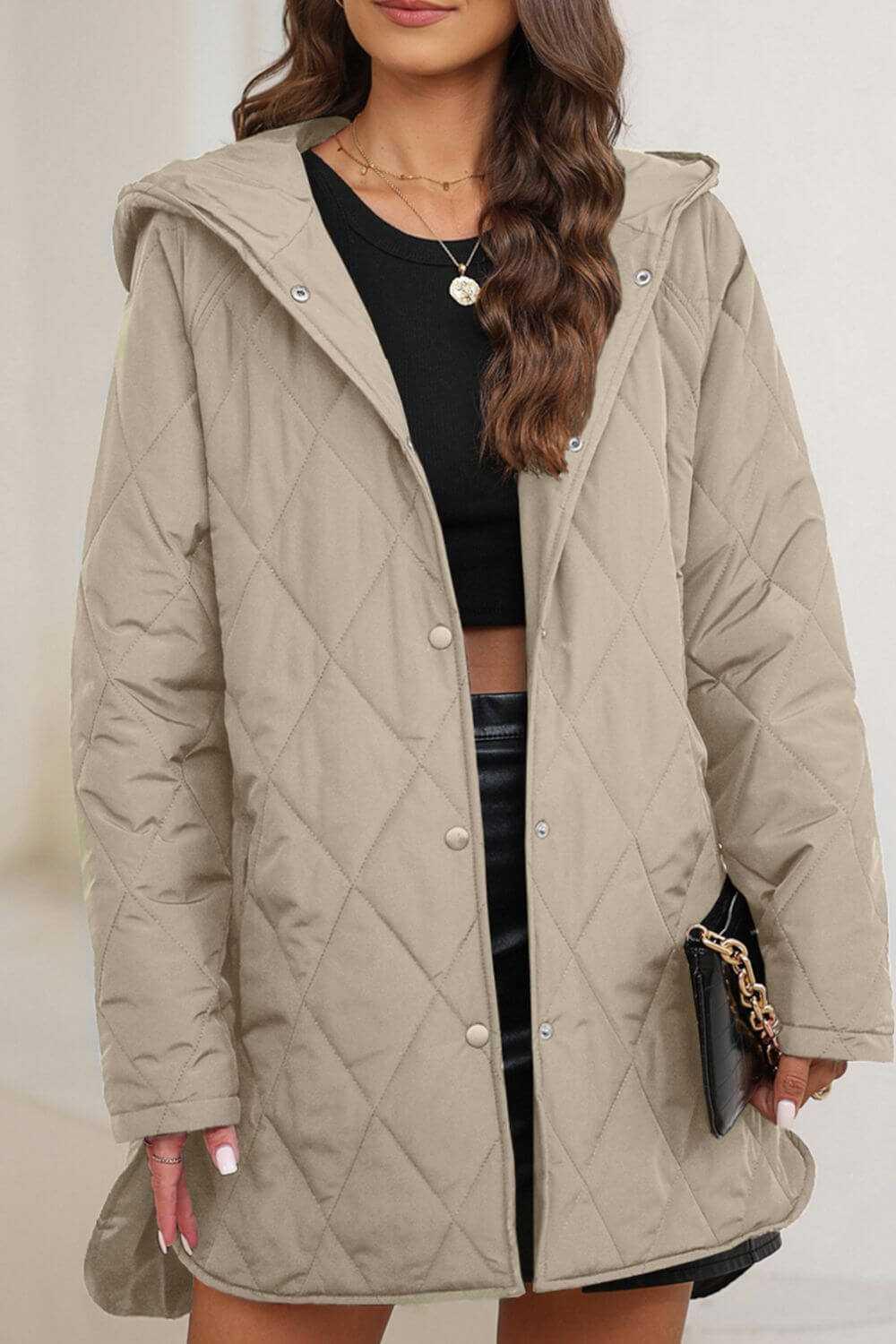 Snap Down Long Sleeve Quilted Winter Coat -- 
