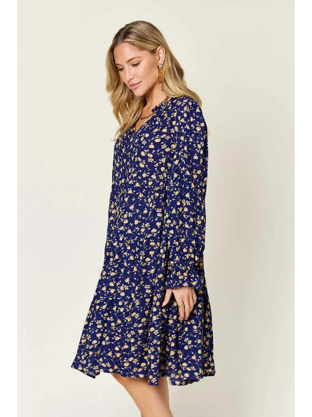Double Take Full Size Printed Ruffle Hem Long Sleeve Tiered Dress -- 