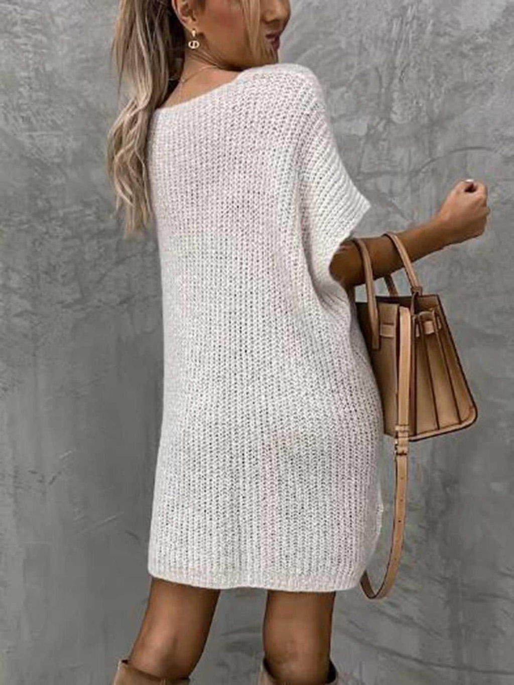Short Sleeve Sweater Dress with Pockets -- 