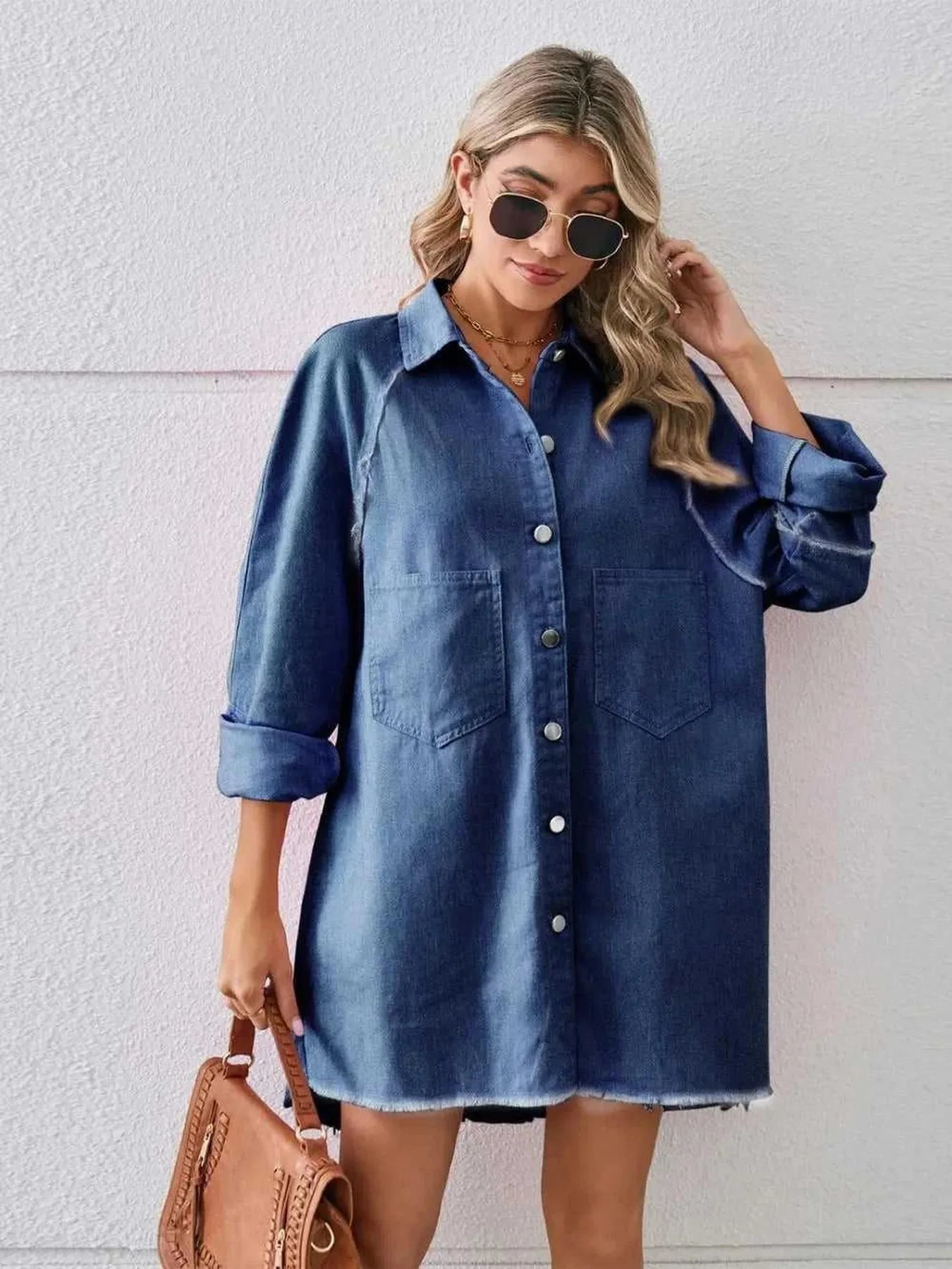 Raw Hem Button Up Denim Dress -- 