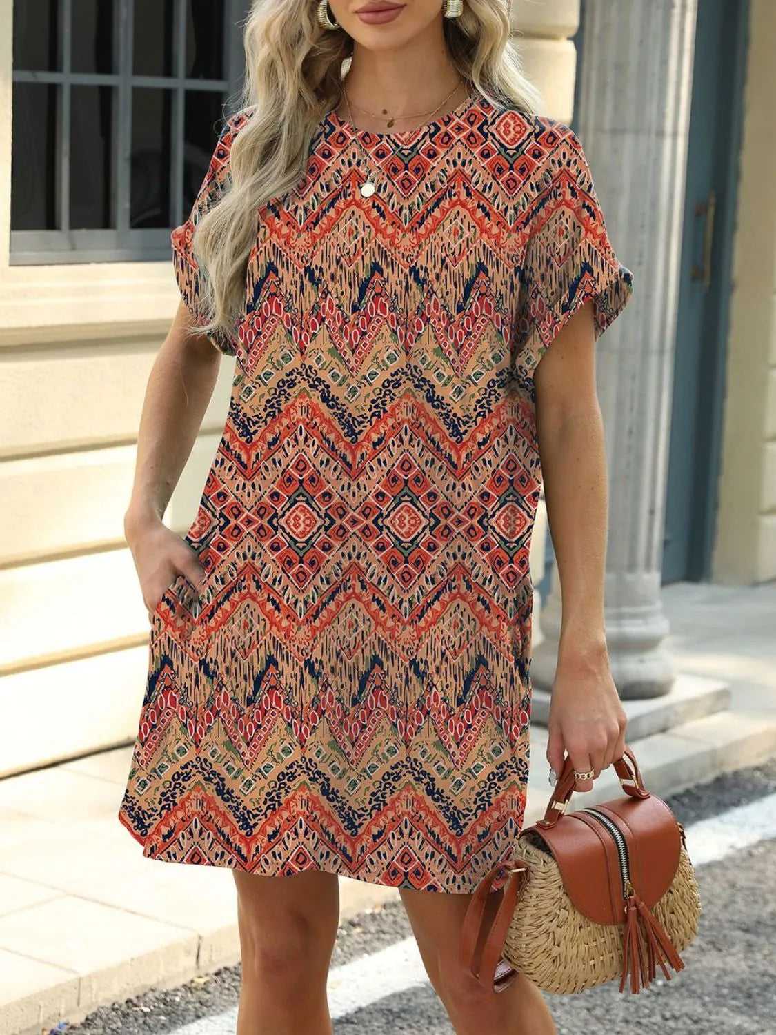 Printed Round Neck Short Sleeve Mini Dress