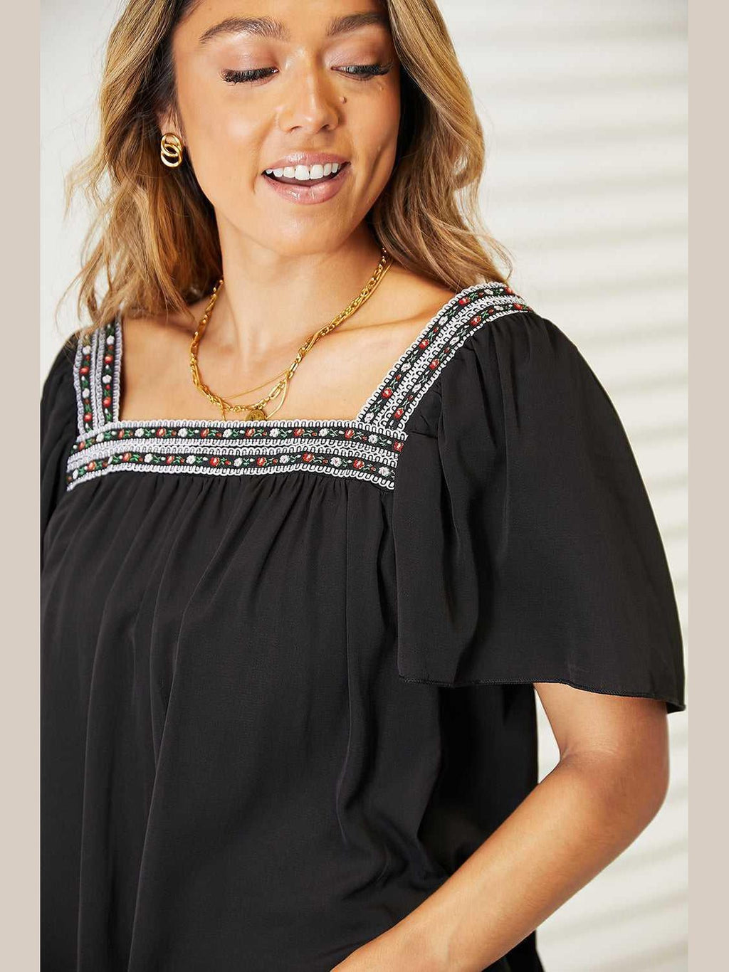 Honey Contrast Square Neck Puff Sleeve Blouse -- 