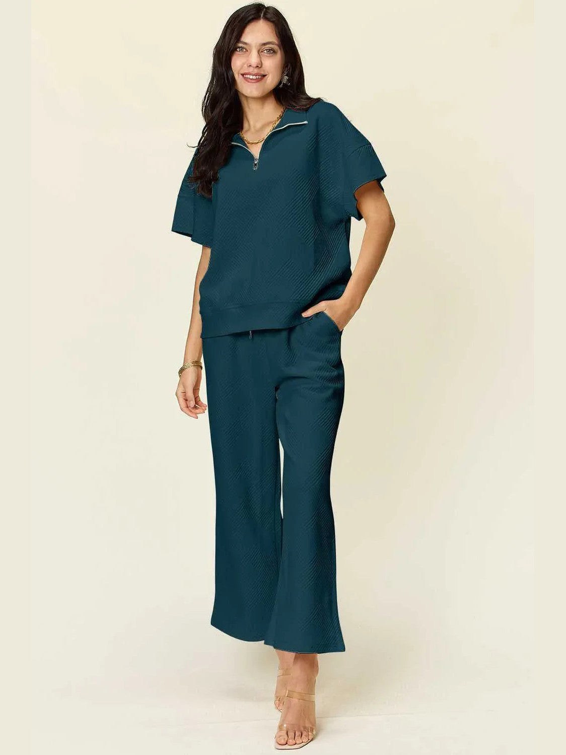 Double Take Full Size Texture Half Zip Short Sleeve Top and Pants Set -- 