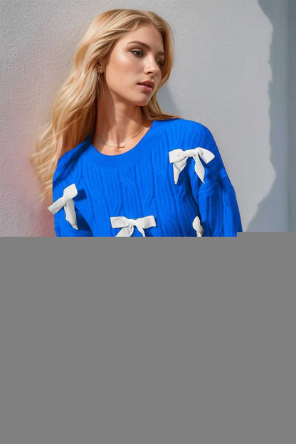 Double Take Full Size Bow Cable-Knit Round Neck Sweater