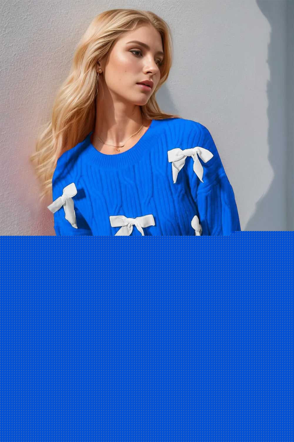 Double Take Full Size Bow Cable-Knit Round Neck Sweater -- 